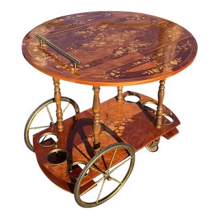 Wood Inlay Serving Cart Italian Marquetry 2 Drop Leafs Spoke Wheels Wine Racks For Sale