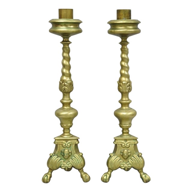 Vintage French Renaissance Brass Figural Candlestick Pricket Candleholder a Pair For Sale