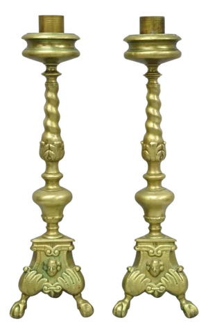 Vintage French Renaissance Brass Figural Candlestick Pricket Candleholder a Pair