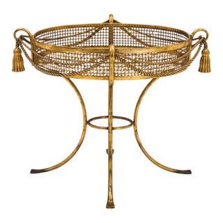 1960s Large Scale Italian Hollywood Regency Gilt Metal Tole & Tassel Planter Plant Stand For Sale