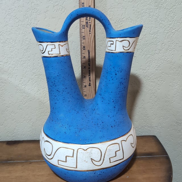VTG Native American Style Wedding Vase Blue Gold Trim Signed L Jina Southwestern For Sale - Image 9 of 12