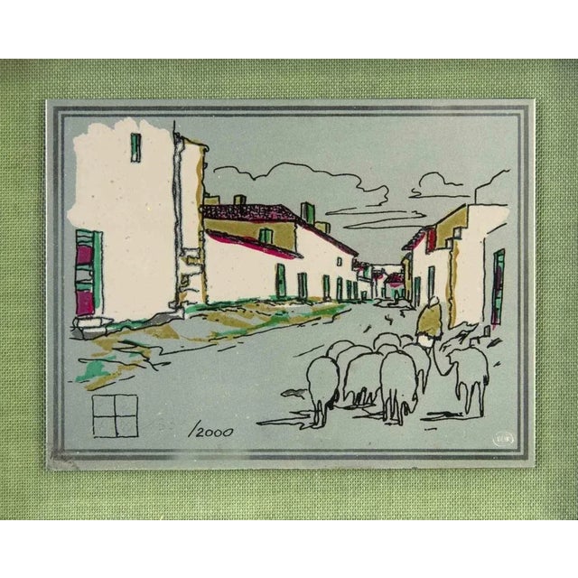 Modern Aldo Riso, Urban Landscape with Sheep, Screenprint, 1970 For Sale - Image 3 of 3