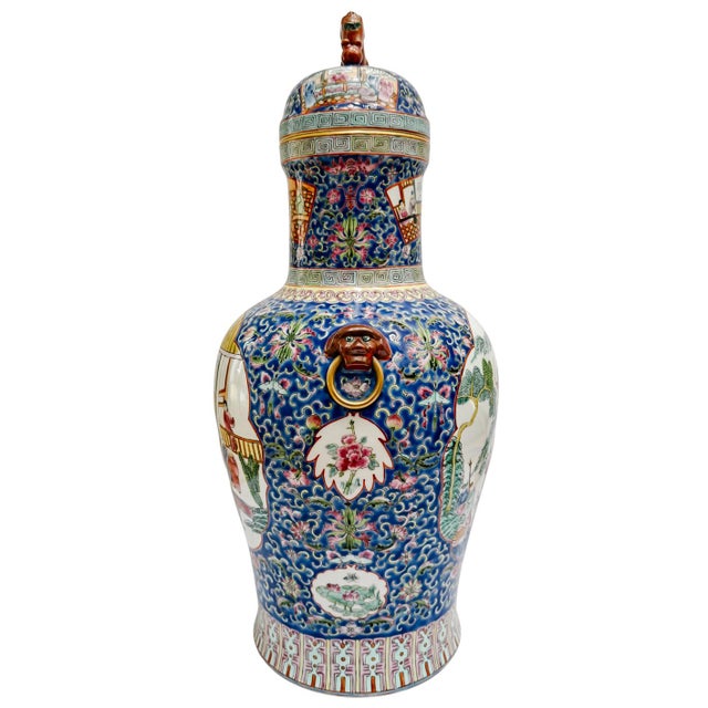 Monumental 21" Chinese Famille Rose Medallion Porcelain Palace Jars With Foo Dog Lids - A Pair For Sale In San Diego - Image 6 of 14