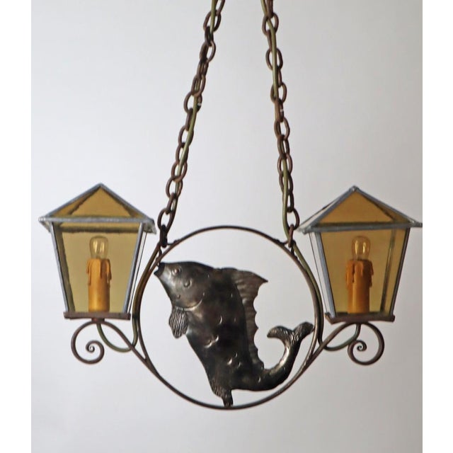 Arts and Crafts Wrought Iron and Leaded Glass Fish Pendant Lamp, Germany, 1920s For Sale - Image 12 of 15