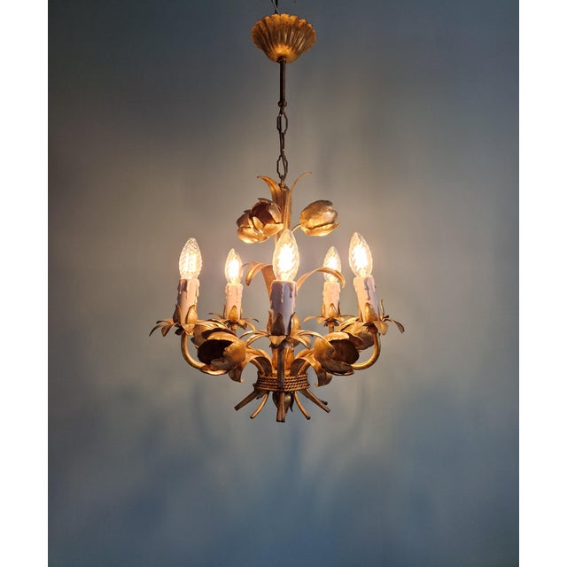 Italian Hollywood Regency Style Floral Chandelier in Gold Metal, 1970s For Sale - Image 11 of 12