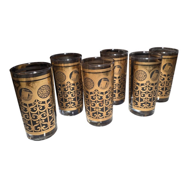 Six MCM Gold and Black Libby Cocktail Glasses For Sale