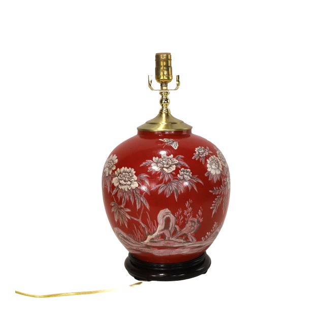 Ceramic Hand-Painted Chinoiserie Red Porcelain Table Lamps - Pair For Sale - Image 7 of 11