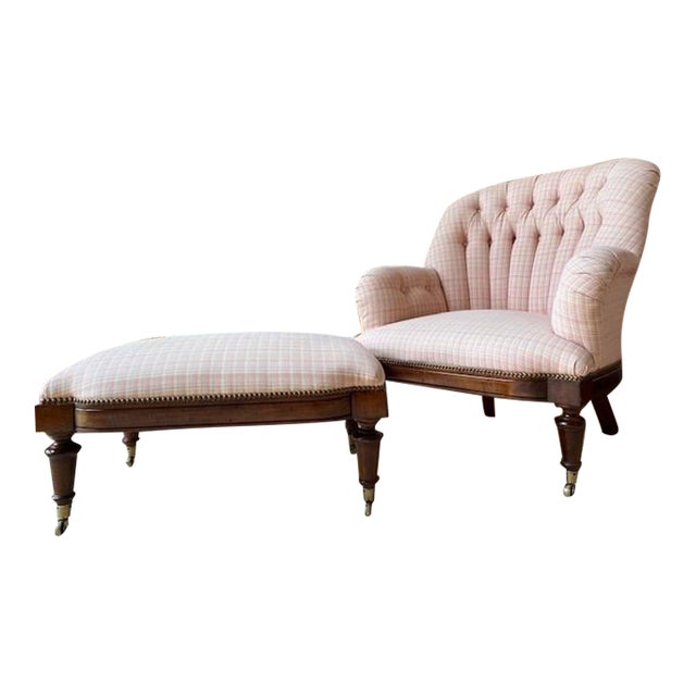 Custom Tufted Wingback Chair and Ottoman in Pink by Oscar De La Renta For Sale