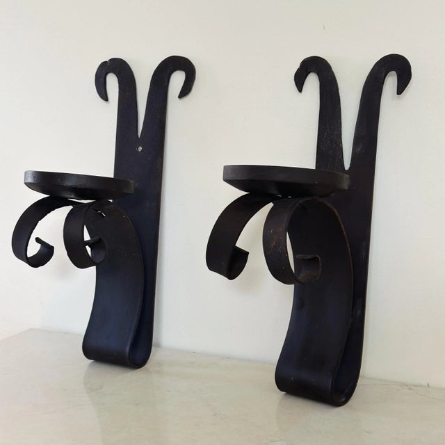 Metal Antique Hammered Wrought Iron Spanish Revival Large Candle Wall Sconces, a Pair For Sale - Image 7 of 12