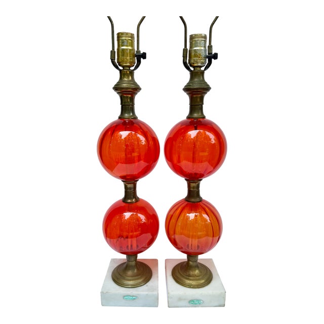 Vintage Stacked Glass Balls Table Lamps on Marble Base - a Pair For Sale