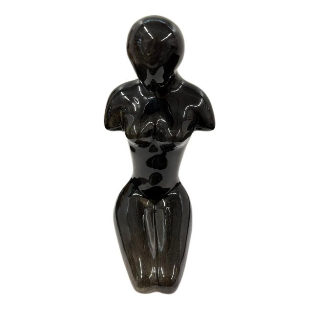 Mid-Century Modern Glossy Black Ceramic Abstract Kneeling Female Figurine - Peruvian Institutional Commemorative Sculpture...