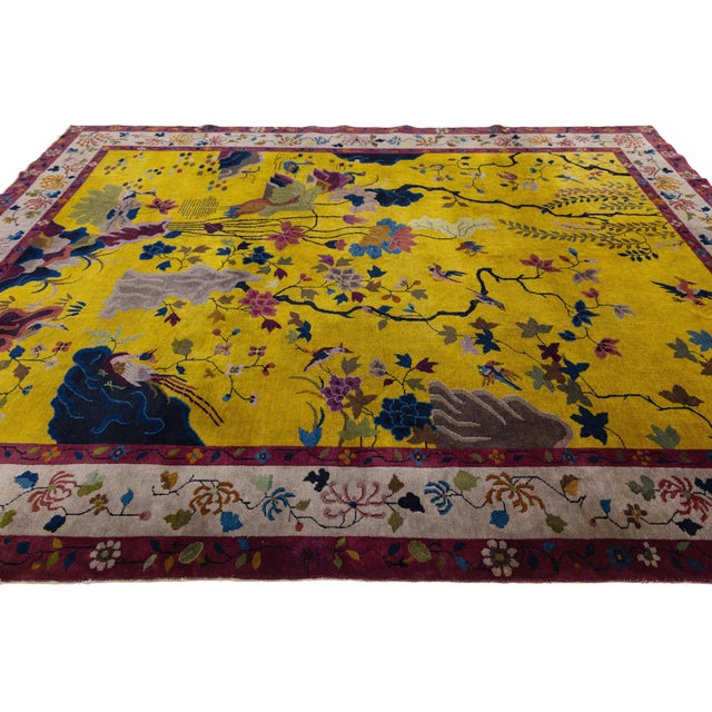 Gold Antique Chinese Art Deco "Peking" Gold Wool Area Rug Garden Motif (1920s) For Sale - Image 8 of 12