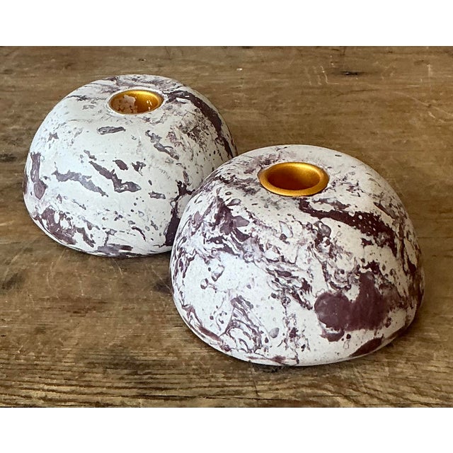 Early 21st Century Vintage Boho Artisan Pigmented Plaster Scagliola Low Dome Candlestick Holders - Set of 2 For Sale - Image 5 of 9