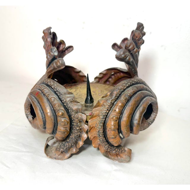 1910s Thick Antique Handmade Forged Copper Brutalist Candle Holder Centerpiece Pricket For Sale - Image 5 of 13