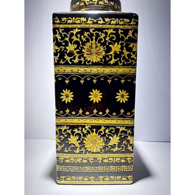 Mid-Century Modern Square Hand Painted Greek Key Lidded Jar For Sale - Image 3 of 6
