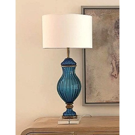 Wow! Absolutely stunning Marbro blue Murano art glass double socket table lamp with brass trim. As you can see in the...