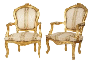 A Pair of Rococo-Style Giltwood Armchairs New Upholstery & Nailhead Trim
