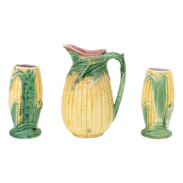 English Majolica Corn Pitcher and Vases, 3 Pieces For Sale