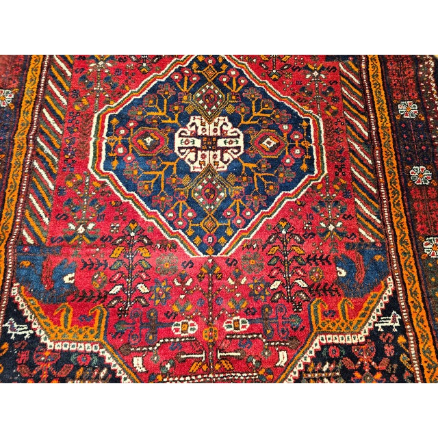 Vintage Persian Qashqai Tribal Area Rug, Hand-Knotted Wool, Vegetable Dye, Geometric Medallions, 6x8, Red & Navy For Sale - Image 14 of 15