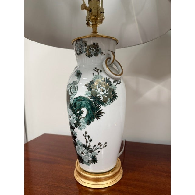 Pair of Vintage Mid Century Modern Japanese Kutani Hand Painted Table Lamps With Peacock, Flowers and Gold For Sale - Image 4 of 11