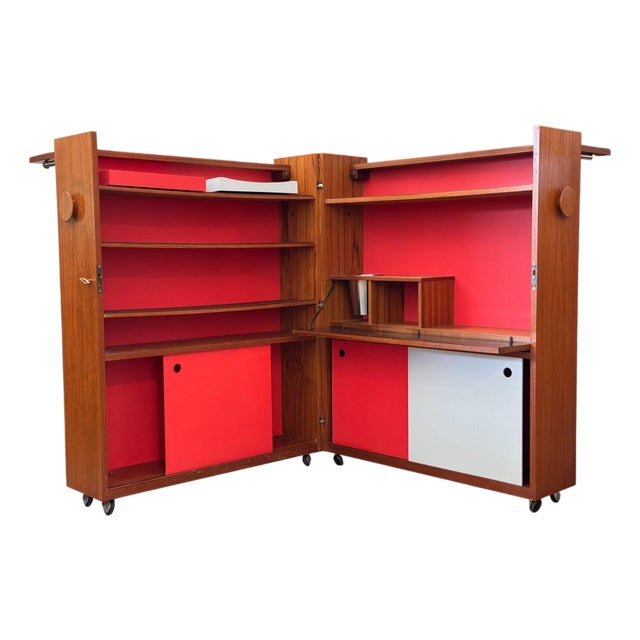 Mid Century Modern Teak Folding Bar With Red Interior For Sale