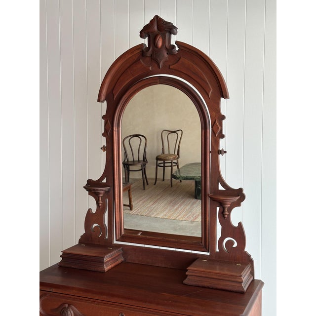 Brown Antique Walnut Dresser With Arched Mirror and Carved Crest For Sale - Image 8 of 18