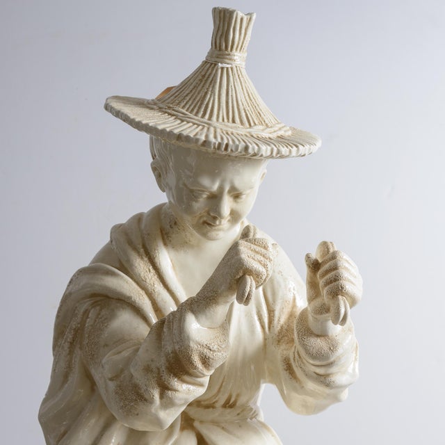 Ceramic Italian Glazed Terracotta Chinoiserie Monumental Figures on Pedestals For Sale - Image 7 of 16
