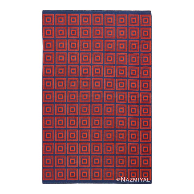 Nazmiyal Collection Mid Century Modern Red and Blue Reversible Swedish Kilim Rug For Sale