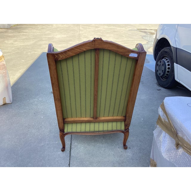 Ralph Lauren-Style French Bergere Chair W/Green Stripe Wool Upholstery For Sale - Image 10 of 10