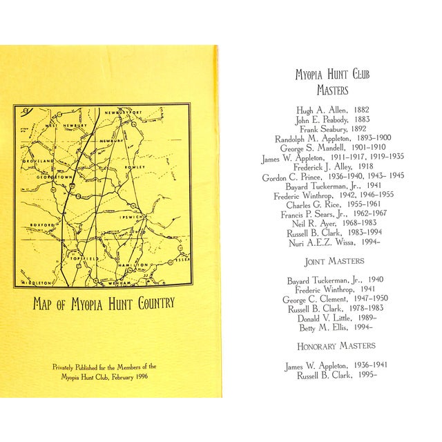 [30] pp. Privately Published for the members of the Myopia Hunt Club February 1996 1996 8 1/2" x 5 1/2" This small book...