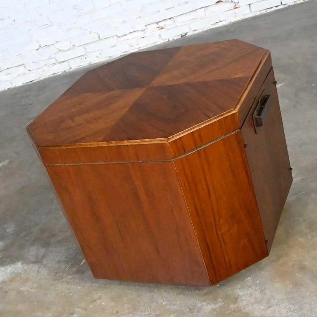 MCM to Modern Founders Furniture Octagon Commode End Table Cabinet Patterns 21 in Mozambique & Brass Hardware For Sale - Image 9 of 12