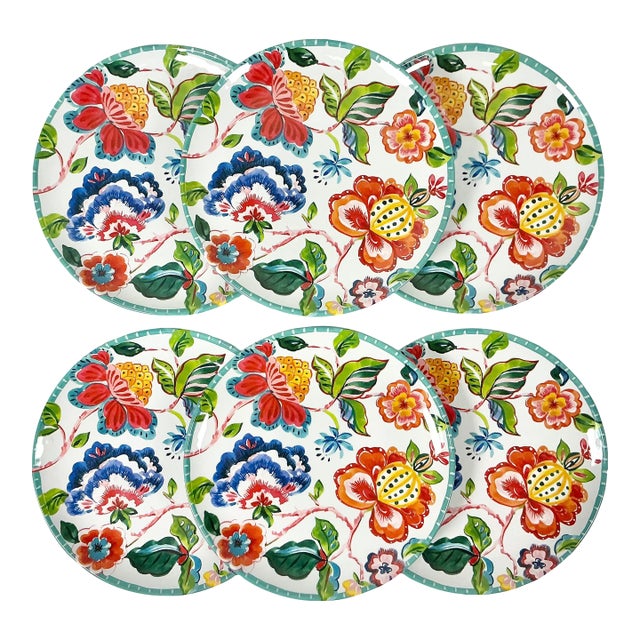 Vintage Boho Chic Coastal Flora Melamine Luncheon Plates - Set of 6 For Sale