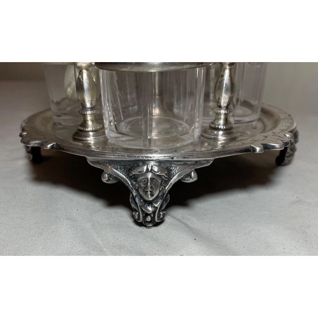 Antique 1800's Ornate Cut Crystal Silver Plate Figural Cruet Condiment Set Caddy For Sale - Image 9 of 16