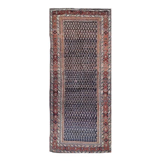 19th Century Persian Kurdish Gallery Rug, Hand-Knotted Wool, Allover Paisley Pattern, Navy & Terracotta, 6x15 For Sale
