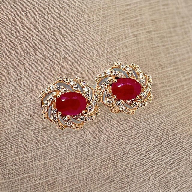Metal Diamond Ruby Earrings 14 Karat Yellow Gold 3.64 TCW Certified For Sale - Image 7 of 18
