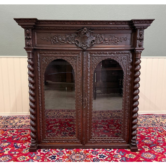 Antique French Louis XIII Style Bookcase Display Cabinet Barley Twist Oak c.1880 For Sale - Image 16 of 18