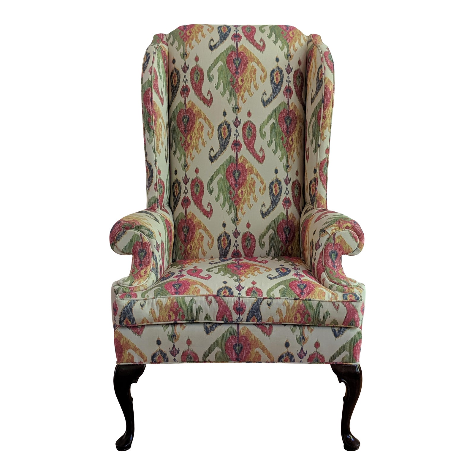 Large Queen Anne Wingback Library Chair Ikat Upholstery Chairish
