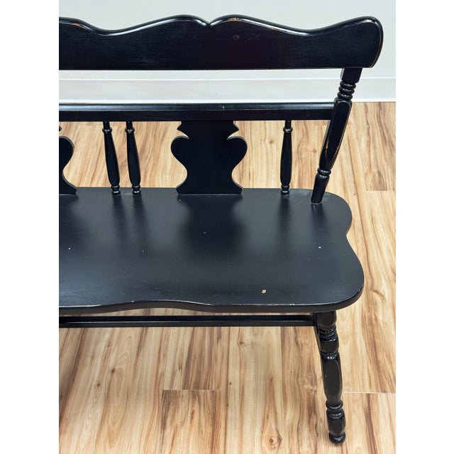 Vintage Early American Style Black Carved Wood Bench For Sale - Image 10 of 12