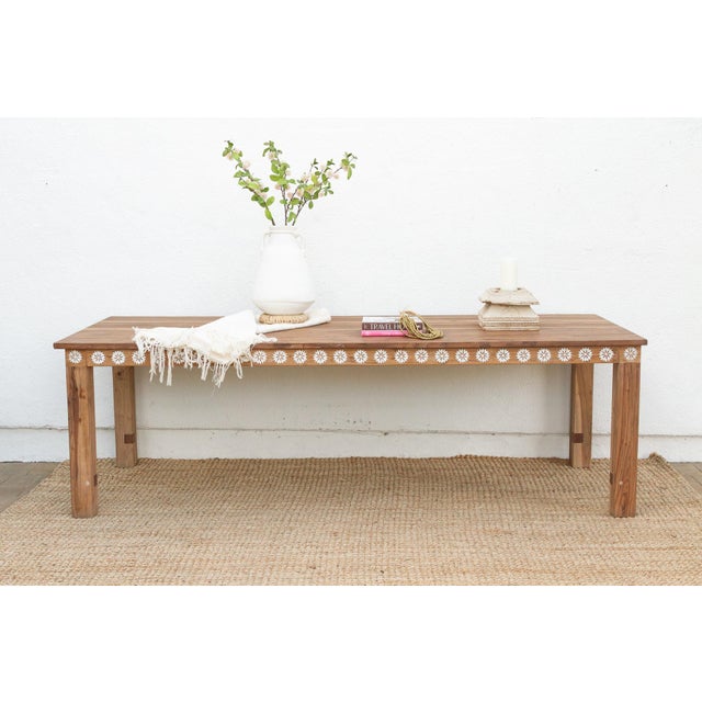 Brown Mother of Pearl Inlaid Reclaimed Teak Dining Table For Sale - Image 8 of 8