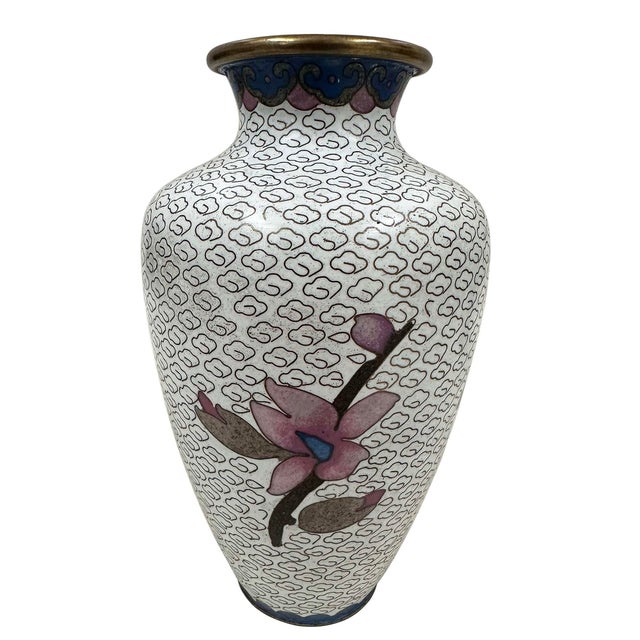 Antique White Vintage Chinese Hand-Crafted Cloisonne Vases - A Pair For Sale - Image 8 of 9