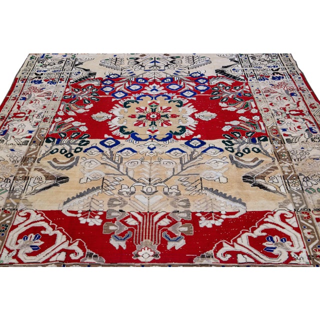 Persian 1960s Vintage Persian Distressed Red Handmade Floral Wool Rug For Sale - Image 3 of 7
