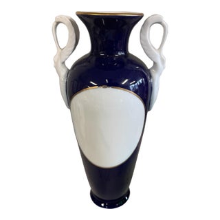 Haas & Cajzek Cobalt Blue Vase Large Czech Porcelain Swan Urn Vintage 14.5" Tall For Sale