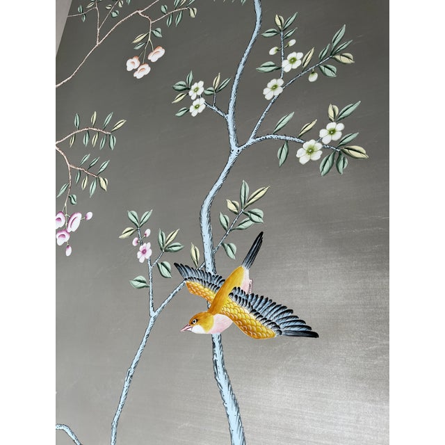 Chinoiserie Silver Leaf Chinoiserie Hand-Painted Bird & Floral Wall Panels (Set of 4) For Sale - Image 3 of 6