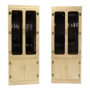 John Stuart White Wash Beveled Glass MidCentury Modern Tall Display Cabinet - A Pair