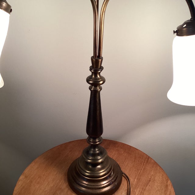Vintage Art Nouveau Double Arm Brass Table Lamp With Ornate Fruited Base and Two Curved Arms W/Bell Shaped Glass Shades For Sale - Image 9 of 12