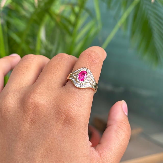 1 Carat Oval Ruby & Cluster Diamond Art Deco Statement Ring Size 5 in 14k Gold For Sale - Image 10 of 17