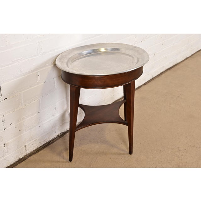 Art Deco John Widdicomb Modern Regency Mahogany Drinks Table With Removable Pewter Serving Tray For Sale - Image 3 of 13