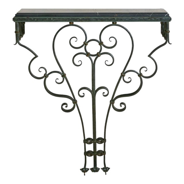 French Verdigris Bronze + Black Marble Wall-Mounted Console, 1940s For Sale