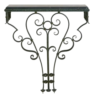 French Verdigris Bronze + Black Marble Wall-Mounted Console, 1940s