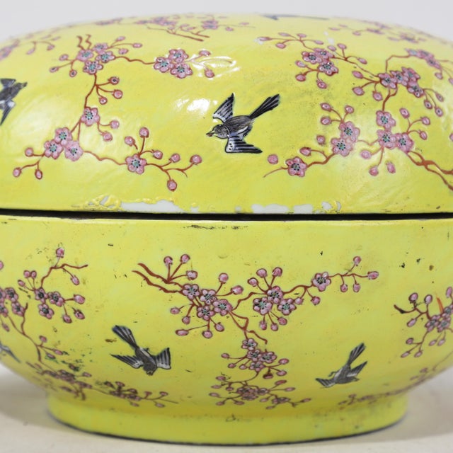 Vintage Chinese Yellow-Ground Famille Rose 'Prunus and Magpie' Porcelain Covered Box For Sale - Image 11 of 13